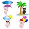 Vector set - funny cartoon pigs.Piglets depicted under the sun, under an umbrella, under a palm tree, with inflatable shrik.