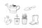 Vector set of garden tools: watering can, protective gloves, rubber boots, scoop, pots with sprout, seedlings