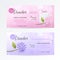 Vector set of gentle gift vouchers with hydrangea, paper shopping bag, bow on the pink and purple background.