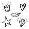 Vector set of girl fashion patches, cute cartoon badges, fun stickers design. Crown, heart, diamond, star and smiling lips doodle