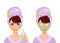 Vector set of girl puts cream on face, lady with clay mask and cucumbers on eyes