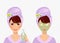 Vector set of girl puts cream on face, lady with mask and cucumber on eyes