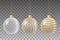 Vector set of glass transparent christmas decorative baubles with golden ribbon stripes hanging on string