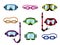 Vector set of goggles, dive or scuba mask with snorkel for underwater swimming, diving.