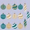 Vector set of gold, emerald, white flat christmas balls isolated on blue.