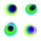 Vector set of gradient circles of vibrant colors. Peacock colored collection of blurred holes on white background. Green, blue, tu