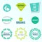 Vector Set of green labels and badges with leaves for organic, natural, bio and eco friendly products, isolated on white