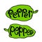 Vector set of green peppers drawn by hand in sketch style on a white background. Hand-drawn inscription pepper in a black pepper-