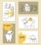 Vector set of greeting card and posters with outline pig in pastel yellow and beige isolated. Symbol of Chinese New Year 2019.