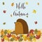 Vector set of greeting cards with autumn elements and lettering. Happy September, hello autumn, cute hedgehog, fall in love, enjoy