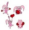 Vector set of greeting cards for Valentine`s day with cute hares and hearts. Great cards for lovers.