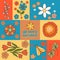 Vector set with groovy colorful retro floral elements and moths