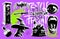 Vector set of Halloween symbols in halftone mixed media collage stickers style. Dotted illustration with witch, coffine