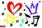 Vector set of hand drawn airbrush symbols. Various color hand drawn crown, heart, star and music sheets.