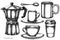 Vector set of hand drawn black and white coffee cups, teaspoon, paper cup, espresso cup, coffee pot, cups