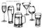 Vector set of hand drawn black and white glass, mug of beer, alcohol shot, glass of champagne, glass of wine, glass of