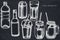 Vector set of hand drawn chalk glass, plastic bottle, bottle of lemonade, smoothie cup, aluminum can, smothie jars