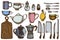 Vector set of hand drawn colored Chef`s knifes, teaspoon, spoon, fork, knife, cutting board, bottle of oil, teapots