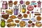 Vector set of hand drawn colored cinnamon, macaron, lollipop, bar, candies, oranges, buns and bread, croissants and