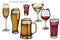 Vector set of hand drawn colored glass, mug of beer, alcohol shot, glass of champagne, glass of wine, glass of martini