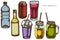 Vector set of hand drawn colored glass, plastic bottle, bottle of lemonade, smoothie cup, aluminum can, smothie jars
