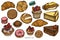 Vector set of hand drawn colored macaron, buns and bread, croissants and bread, cheesecake, eclair, cupcake, cake, donut