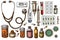 Vector set of hand drawn colored vial of blood, pills and medicines, medical thermometer, coronavirus rapid test