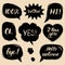 Vector set of hand drawn colorful comic speech bubbles with phrases Hi, Hello, I love you, Yes, Wow, Bye, Welcome, Ok.