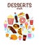 Vector set of hand drawn desserts, snacks & drinks isolated on white background.
