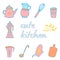 vector set of hand drawn doodle kitchen utensils and cooking tools illustrations. Pink toy dishes for girls
