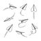 Vector set of hand drawn doodle paper airplane isolated on white background.