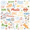 Vector set of hand drawn doodles on music theme. Color music sym