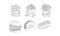 Vector set of hand drawn fast food icons. Bagels, popcorn, french fries, burger, tacos and hot dog