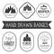 Vector set of hand drawn forest camp labels in vintage style. Logotype template illustration with tree and mountains.