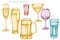Vector set of hand drawn pastel glass, mug of beer, alcohol shot, glass of champagne, glass of wine, glass of martini