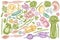 Vector set of hand drawn pastel lemons, broccoli, radish, green beans, cherry tomatoes, beet, greenery, carrot, basil