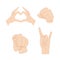 Vector Set of Hand Gesturing, Sign Language Isolated Collection, Love Heart Symbol, Fist, Rock and Pointing Finger.