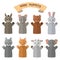 Vector set of hand puppets in flat style. Doll gloves with different animals.