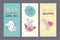 Vector set of happy birthday congratulation cards with floral hand drawn elements, cute little baby bunny character, heart shape b