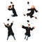 Vector set with happy graduate students in graduation clothing. Grads, jumping and throwing the mortarboards high into