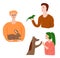 Vector set with happy pet owners. Man with rabbit, man with iguana and woman with dog. Pretty illustration for banners, web-sites