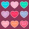 Vector set of hearts nine multicolored stickers in white stroke with text about love isolated on a dark background. Valentine s