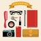 Vector set of hipster elements in flat style. Hipster vintage collection with note book, vintage camera, pen etc.