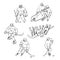 Vector set hockey player and goalkeeper in sports uniform. Black white outline illustration and inscription letters