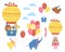 Vector set of hot air balloons, cute animals, birds and clouds. Adorable flying characters pack. Funny birthday clipart collection