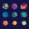 Vector set of icons, bright abstract planets with clouds and stars in a flat style