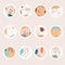 Vector set of icons and emblems for social media story highlight covers.Hand drawn round boho icons.Linear silhouette of a girl on