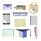 Vector set of icons. Letter, glasses, alarm clock, pen, pencil, notebook, paper, smart phone, academic cap. Isolated on the white