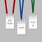 Vector set of identification cards on red, blue and green lanyards. Illustration of name tag holder end badge templates