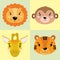 Vector set illustration cartoon of animal faces. Lion,tiger, monkey,giraffe illustration.